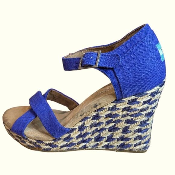 Toms blue cream mixed rope wedges woven mid sole suede leather uppers size 8.5 - Picture 1 of 8